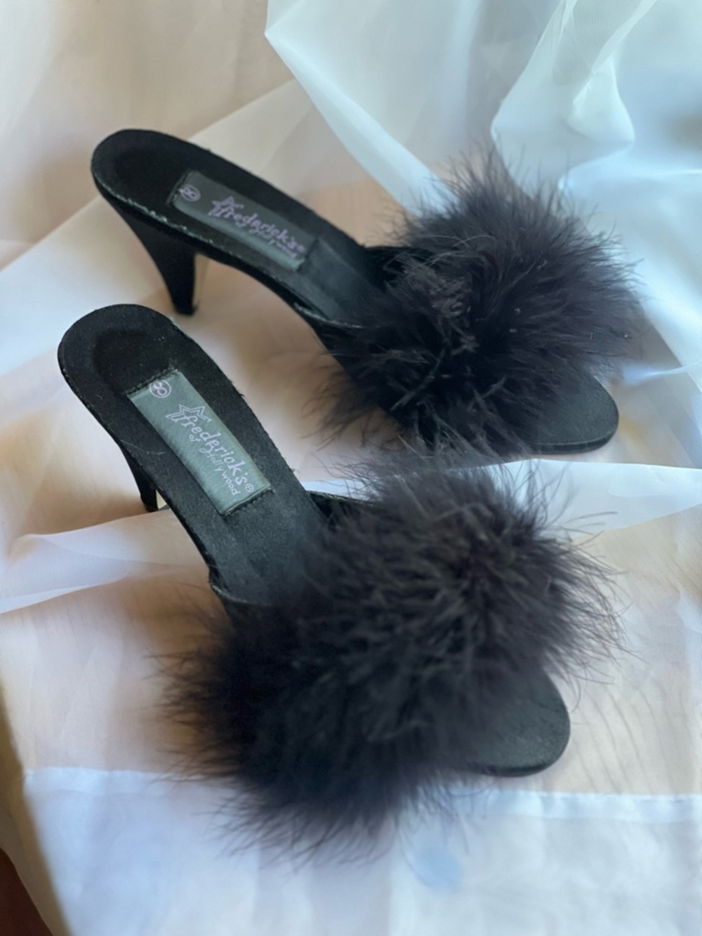 Frederick's of Hollywood Black Marabou Slide Mules NWOB
